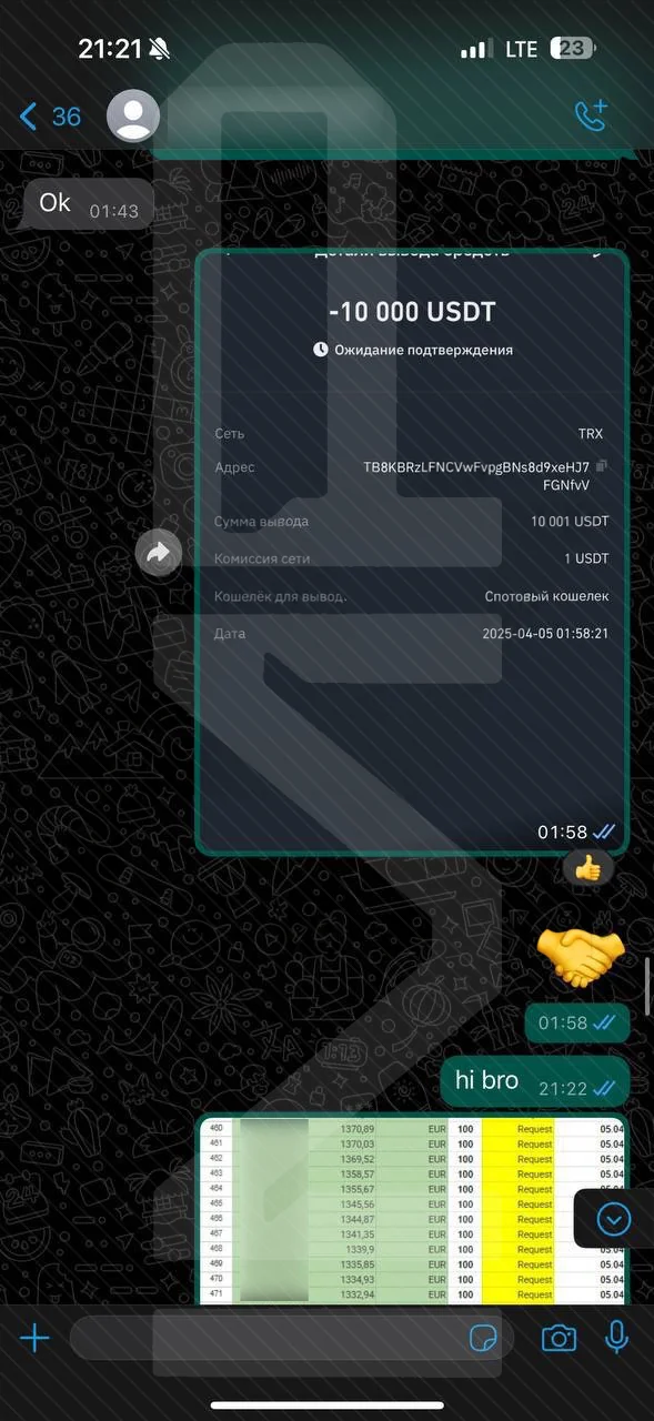 Screenshot of a USDT transfer, an account list, and a chat.