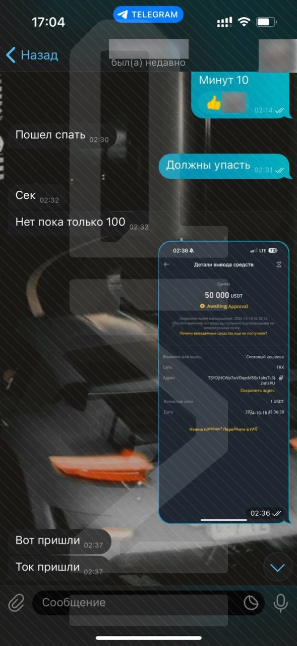 Screenshot of a chat and a confirmation that the funds were received.